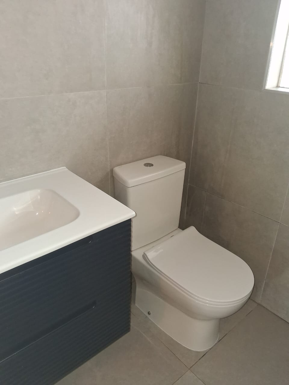 Fully finished grey-tile bathroom with navy vanity and white toilet